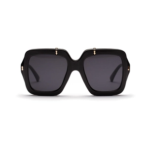 Classic oversized square black sunglasses with gold rivet accents and dark grey lenses