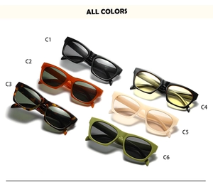 Flat lay of retro rectangle sunglasses in six assorted colors from black to olive green