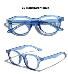 Vue détaillée de la monture ronde bleu transparent montrant les détails sur la branche