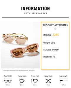 Size chart showing UV400 PC square sunglasses dimensions with metal chain temple design