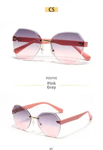 Detail view of pink rimless oversized polygon sunglasses with gold metal bridge
