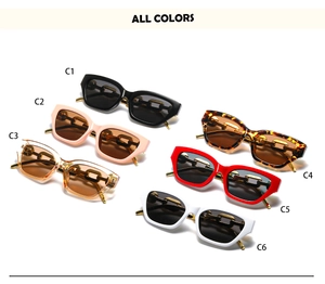 Multiple colors of square sunglasses with thick gold metal chain temples shown in a grid