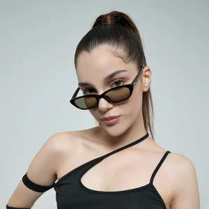 Retro square small frame sunglasses with black frames and dark brown lenses for women