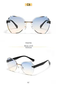 Close-up of rimless polygon sunglasses with blue and yellow gradient lenses and golden nose pads