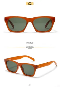 Front and 45-degree angle views of retro orange square sunglasses with dark green lenses