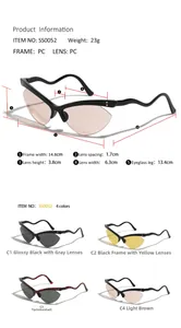 Rimless butterfly cat eye sunglasses with wavy temples and size dimensions in macro detail