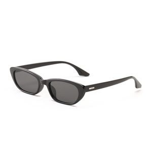 Fashionable black square cat-eye sunglasses with silver metal temples on white background