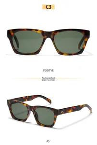 Detail view of tortoiseshell square sunglasses with dark green lenses and 45-degree angle
