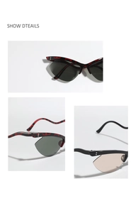 Detail of rimless cat-eye butterfly sunglasses with metal studs and tinted lenses