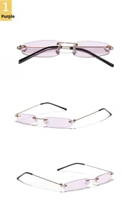 Detailansicht der lila randlosen ovalen Sonnenbrille mit Goldrahmen und schwarzen Bügeln