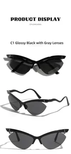 Three angles of rimless butterfly cat eye sunglasses with wavy temples in glossy black