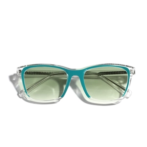 Modische TR90 transparente Rechteck-Sonnenbrille mit blauem Innenrahmen und grünen Gläsern