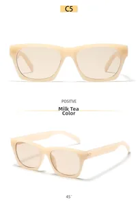 Detail view of large beige sunglasses with light tinted lenses and square frame