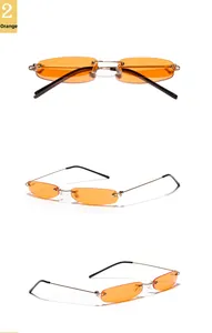 Drei Ansichten einer schmalen ovalen randlosen Sonnenbrille mit orangefarbenen Gläsern