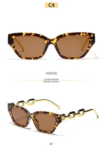 Detail of tortoise frame sunglasses with golden chain temples and brown lenses