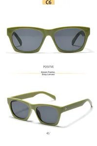 Detail of green square frame sunglasses with grey lenses and metallic rivet accents