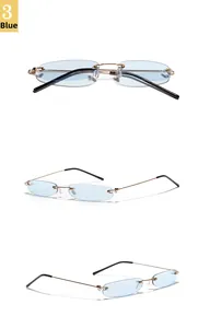 Drei-Ansichten-Set der rahmenlosen schmalen ovalen Sonnenbrille mit blauen Gläsern