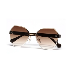 Pink rimless oversized geometric sunglasses with brown gradient lenses and gold bridge