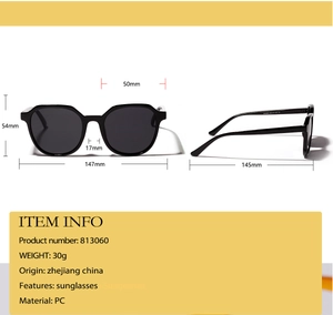 Detailed dimensions of rectangular black PC sunglasses showing frame width and lens height