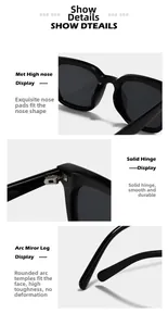 Vues détaillées des plaquettes, charnières métalliques et branches des lunettes de soleil