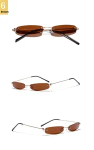 Drei Ansichten einer randlosen ovalen braunen Sonnenbrille mit goldener Metallfassung