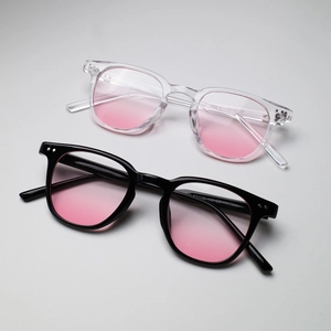 Close-up of square glasses with pink gradient lenses and durable metal hinges