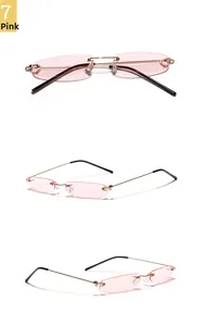 Detailansichten der randlosen schmalen ovalen Sonnenbrille mit rosa Gläsern und Goldgestell