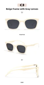 Affichage sous trois angles de lunettes de soleil carrées beige avec verres gris