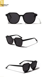 Detailed views of classic black square frame sunglasses with dark grey lenses and temple specs