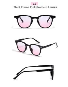 Detailed views of square black sunglasses with pink gradient lenses and dimensions