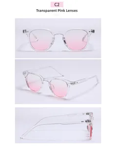 Three views of square frame glasses with pink gradient blush lenses and clear temples