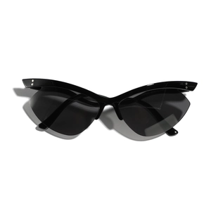 Frameless butterfly cat-eye sunglasses in glossy black with rivet details and dark grey lenses