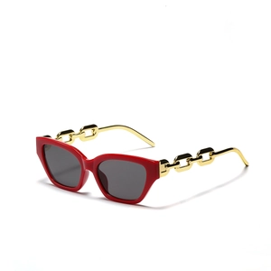 Vintage square red oversized sunglasses with bold gold chain metal temples and dark lenses