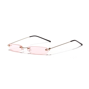 Randlose rosa ovale Sonnenbrille mit goldenem Metallrahmen und schmalem Vintage-Glas