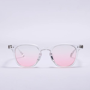 Square pink gradient lens glasses with transparent frames in a modern minimalist style