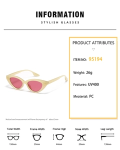 Detailed specs of cream cat eye sunglasses with pink lenses and UV400 protection