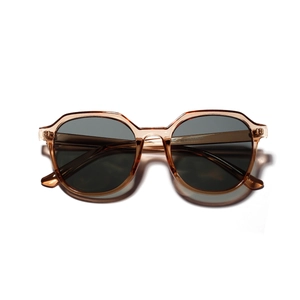 Classic transparent brown square frame sunglasses with dark grey lenses in minimalist style