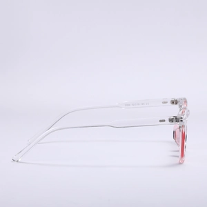 Square transparent glasses with pink gradient lenses and side hinge detail shown in profile