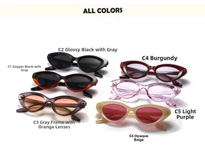 Multiple stylish cat eye sunglasses with rivet details shown in various vibrant colorways