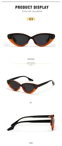 Detailed views of black and orange cat eye sunglasses showing frame specs and hinge