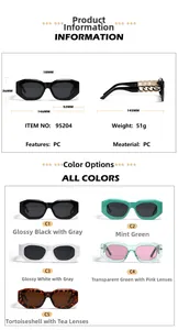 Detailed technical drawing of square sunglasses with dimensions and color palette