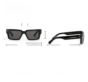 Detailed size chart for black Y2K rectangular sunglasses with rivet details and PC frame