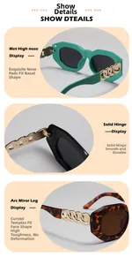 Detail of square sunglasses showing metal chain temples, nose pads and tortoise frame
