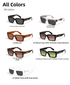 Detailed grid showing seven color variants of square Y2K sunglasses with rivet accents