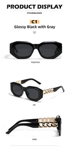 Detailed views of chunky black square sunglasses with decorative gold chain temples