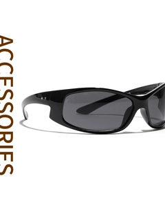 Macro shot of Y2K cycling sunglasses with silver star accents on shiny black frames