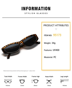 Detailed specs of tortoiseshell cat eye sunglasses with UV400 protection and PC frame