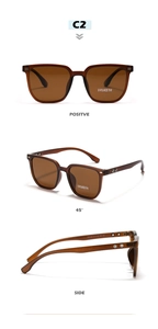 Drei Ansichten der braun polarisierten TR90 Quadrat-Sonnenbrille von vorne und der Seite