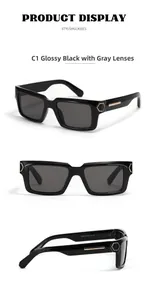 Detailed views of square black Y2K sunglasses with golden hexagonal hinge accents