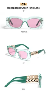 Three-way view of green square sunglasses featuring pink lenses and gold chain temples